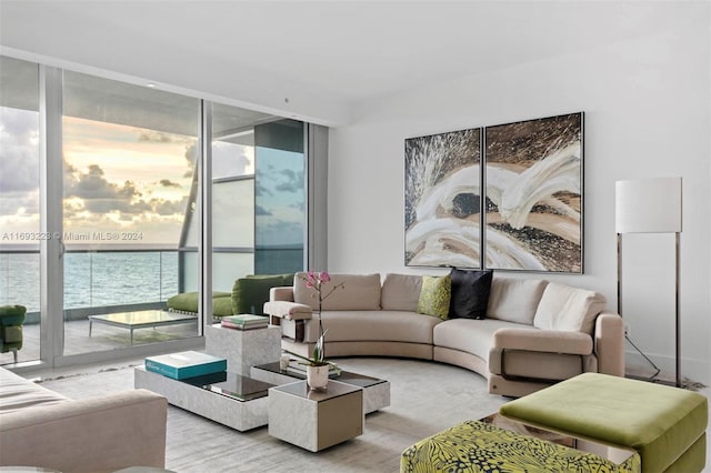 living room featuring a water view, floor to ceiling windows, and light colored carpet