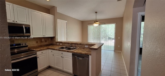 kitchen with ceiling fan, sink, kitchen peninsula, white cabinets, and appliances with stainless steel finishes