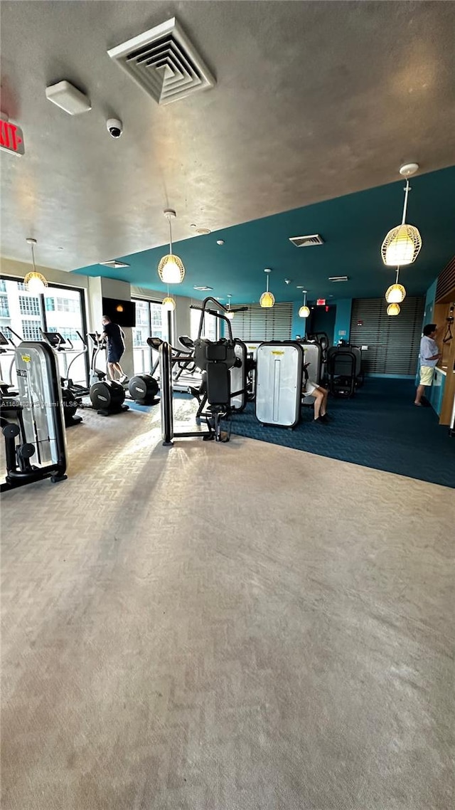 workout area featuring carpet flooring