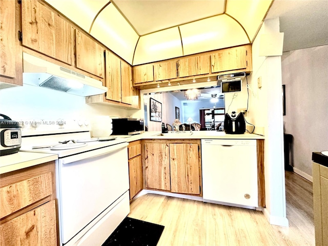 kitchen featuring light hardwood / wood-style floors and white appliances