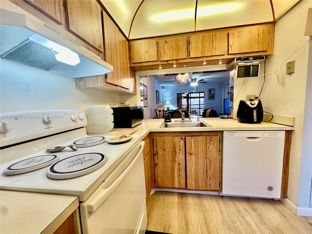 kitchen with ceiling fan, light hardwood / wood-style floors, white appliances, and sink