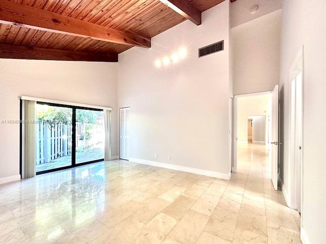 unfurnished room featuring beam ceiling, high vaulted ceiling, and wooden ceiling