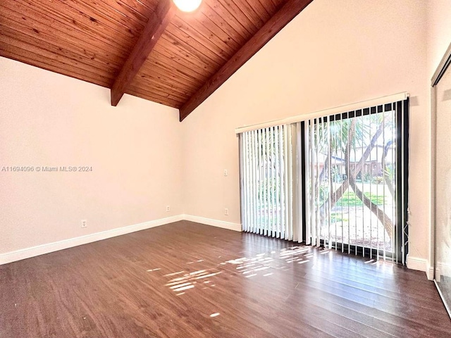 spare room featuring dark hardwood / wood-style flooring, beamed ceiling, wood ceiling, and high vaulted ceiling