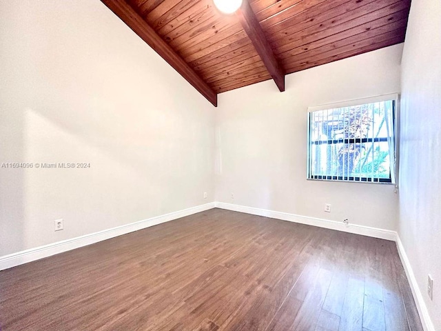 empty room featuring lofted ceiling with beams, dark hardwood / wood-style floors, and wood ceiling