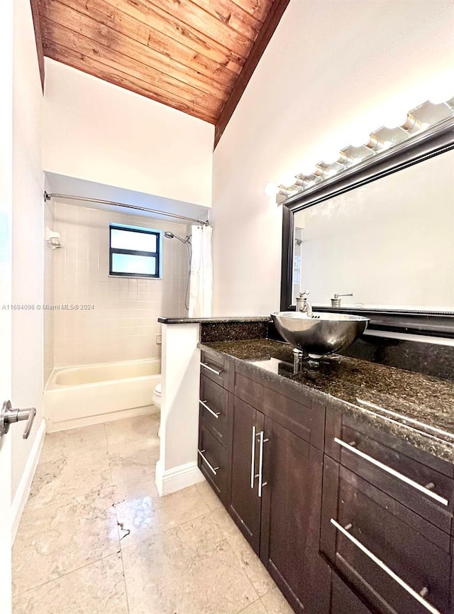 full bathroom with vanity, vaulted ceiling, toilet, wood ceiling, and shower / tub combo