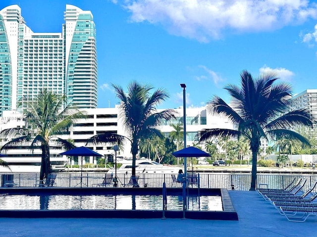 view of pool with a water view