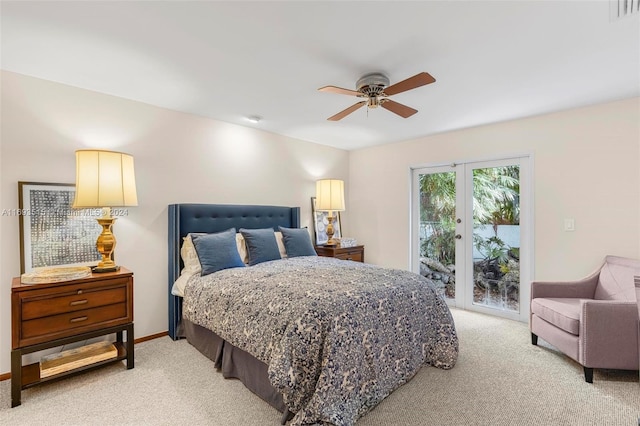 bedroom featuring french doors, access to outside, ceiling fan, and light colored carpet