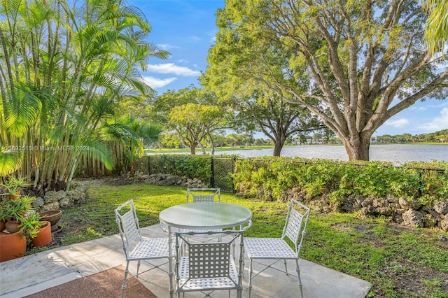 view of patio / terrace with a water view