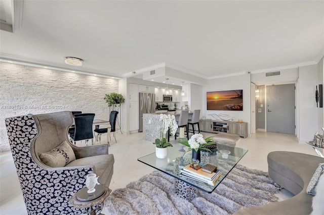 tiled living room with ornamental molding