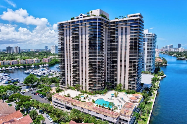 view of building exterior with a water view