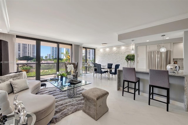 living room with crown molding