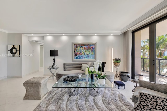 living room with crown molding