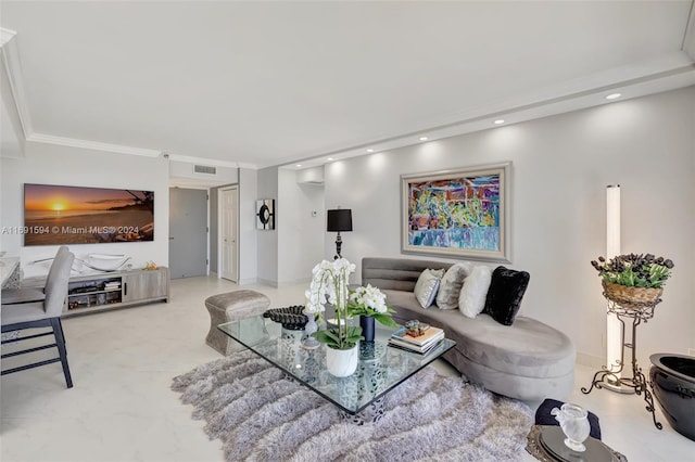 living room with ornamental molding