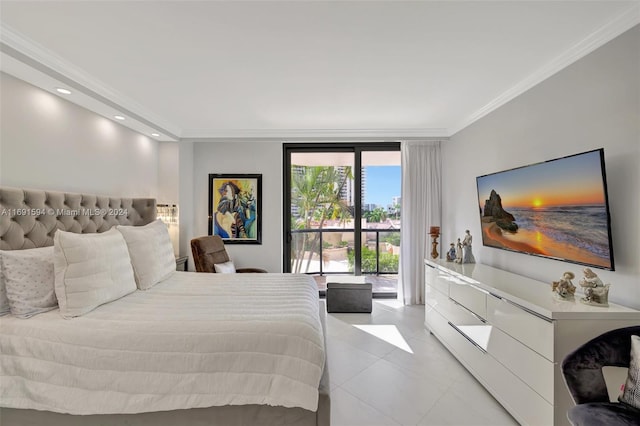 bedroom featuring access to exterior, crown molding, and light tile patterned flooring