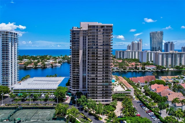 bird's eye view with a water view