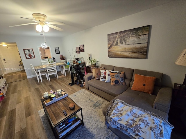 living room with ceiling fan and hardwood / wood-style flooring