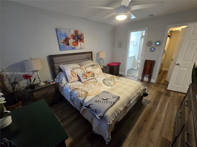 bedroom with ensuite bathroom, ceiling fan, and dark wood-type flooring