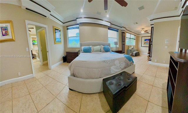 bedroom with light tile patterned floors, a wall mounted AC, ornamental molding, and ceiling fan