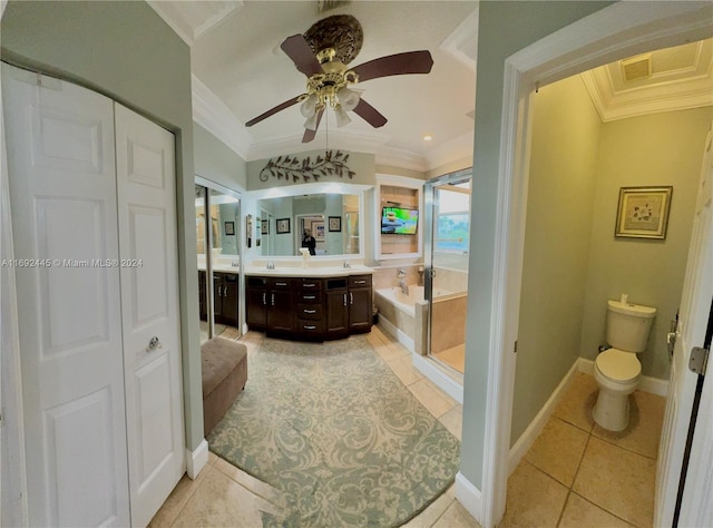 full bathroom featuring tile patterned floors, vanity, toilet, and ornamental molding