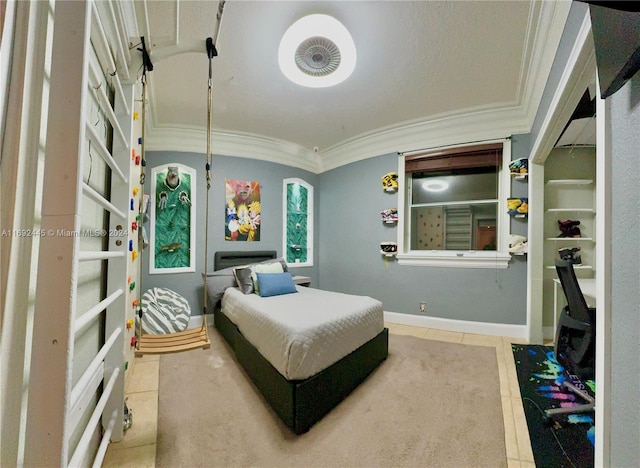 bedroom featuring crown molding and tile patterned flooring