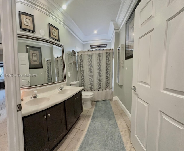 full bathroom featuring tile patterned floors, toilet, shower / tub combo with curtain, vanity, and ornamental molding