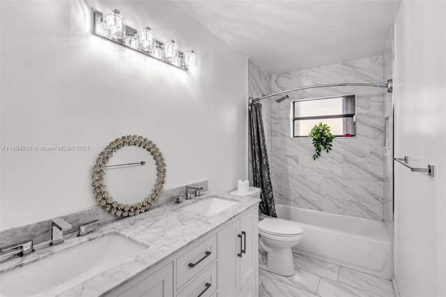 full bathroom with shower / bath combination with curtain, toilet, and vanity