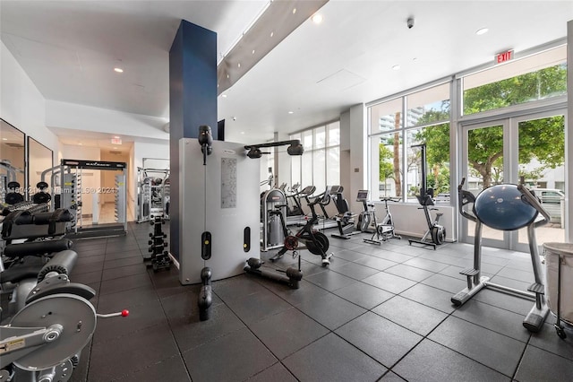 exercise room featuring floor to ceiling windows