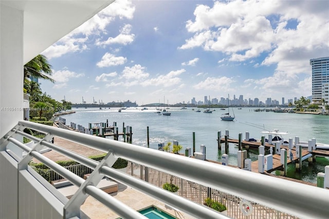 view of water feature with a boat dock