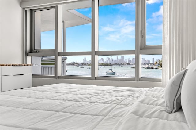 bedroom featuring multiple windows and a water view