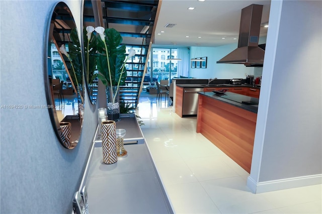 kitchen with island range hood, black electric cooktop, sink, light tile patterned floors, and dishwasher