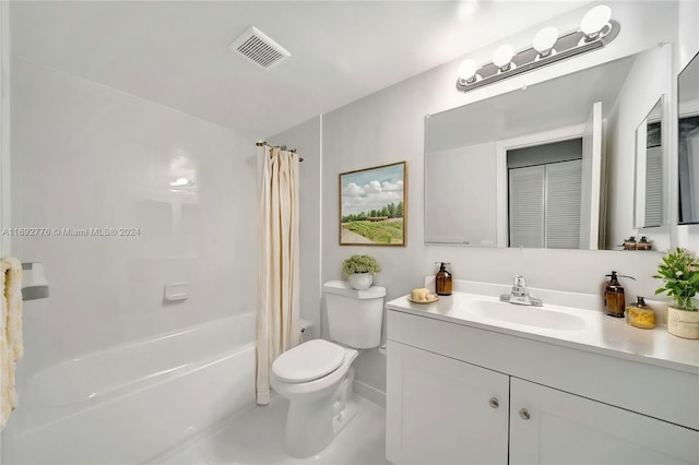 full bathroom with vanity, shower / bath combination with curtain, and toilet