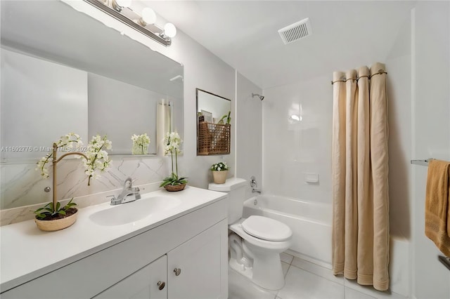 full bathroom with shower / tub combo, tasteful backsplash, tile patterned floors, vanity, and toilet