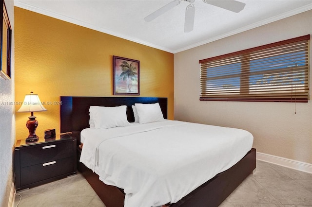 tiled bedroom with ceiling fan and ornamental molding