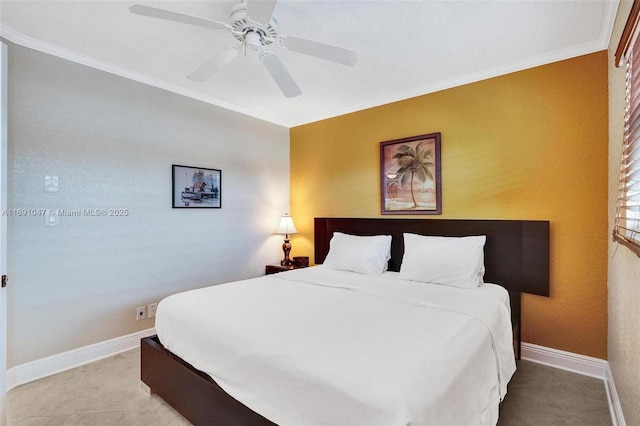 bedroom with ceiling fan and ornamental molding