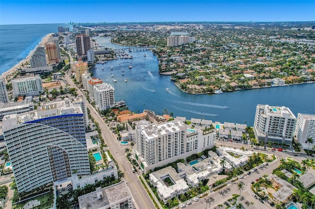 bird's eye view with a water view