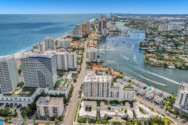 bird's eye view with a water view