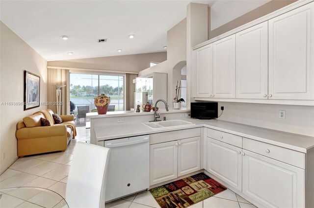 kitchen featuring kitchen peninsula, sink, white cabinetry, and dishwasher