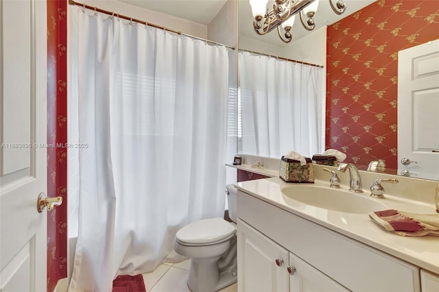 full bathroom featuring vanity, toilet, shower / bath combination with curtain, and tile patterned flooring