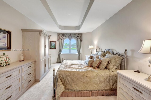 bedroom with light colored carpet and a tray ceiling