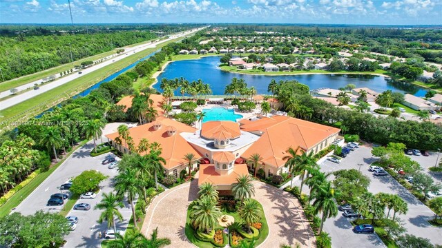 drone / aerial view featuring a water view