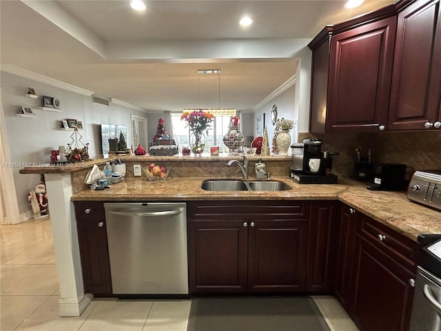 kitchen featuring sink, hanging light fixtures, stainless steel dishwasher, ornamental molding, and kitchen peninsula