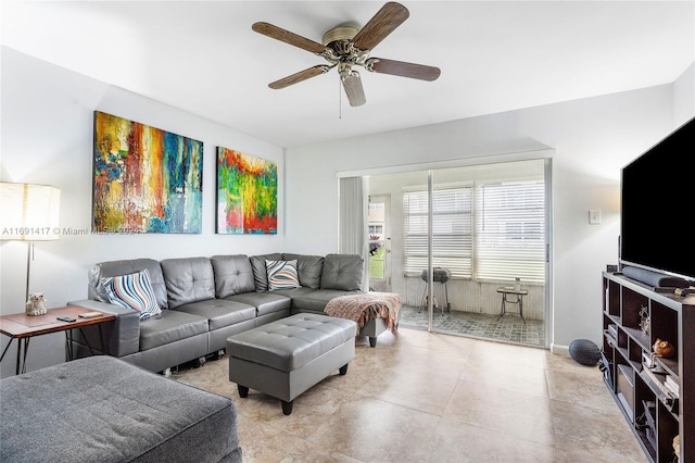 living room featuring ceiling fan