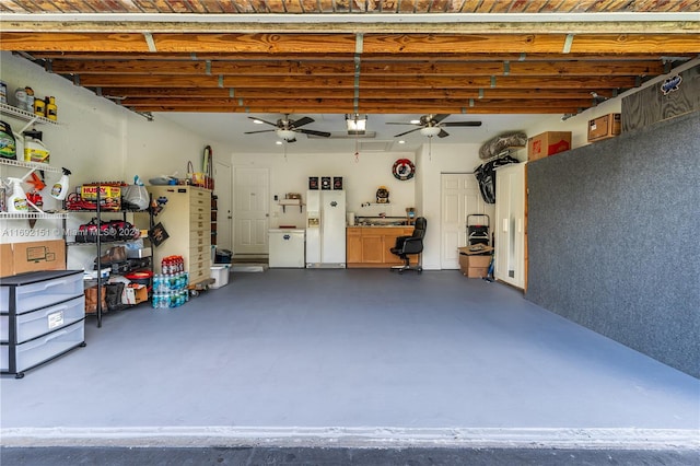 garage with ceiling fan and white refrigerator with ice dispenser