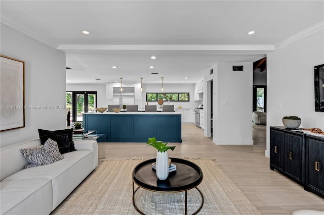 living room featuring crown molding and light wood-type flooring