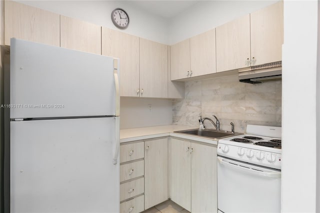 kitchen featuring sink, light brown cabinets, white appliances, decorative backsplash, and exhaust hood