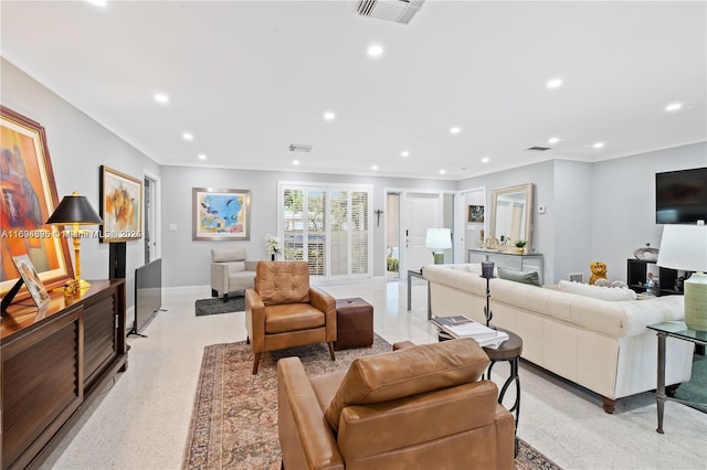 living room featuring ornamental molding