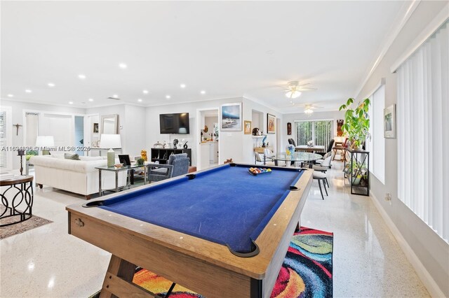 rec room with ceiling fan, crown molding, and pool table