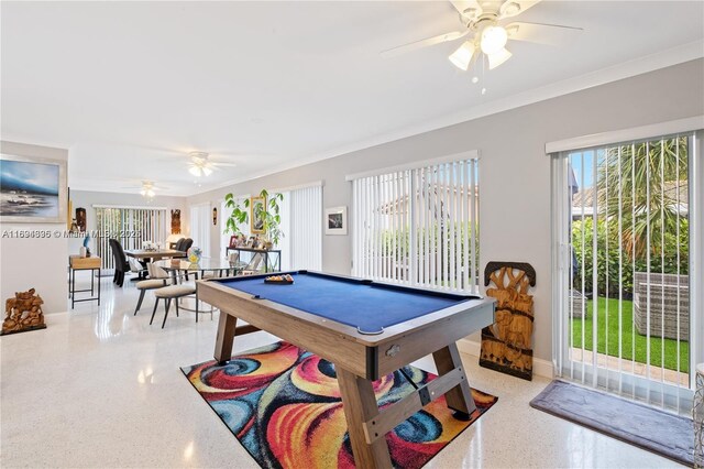 recreation room featuring crown molding, ceiling fan, and billiards