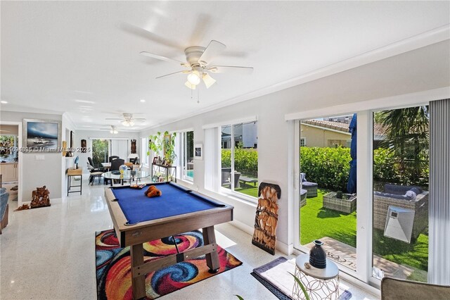 recreation room with ceiling fan, crown molding, and billiards