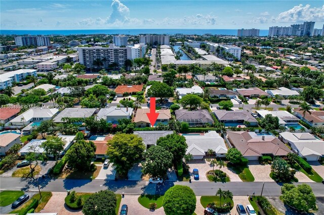 drone / aerial view featuring a water view